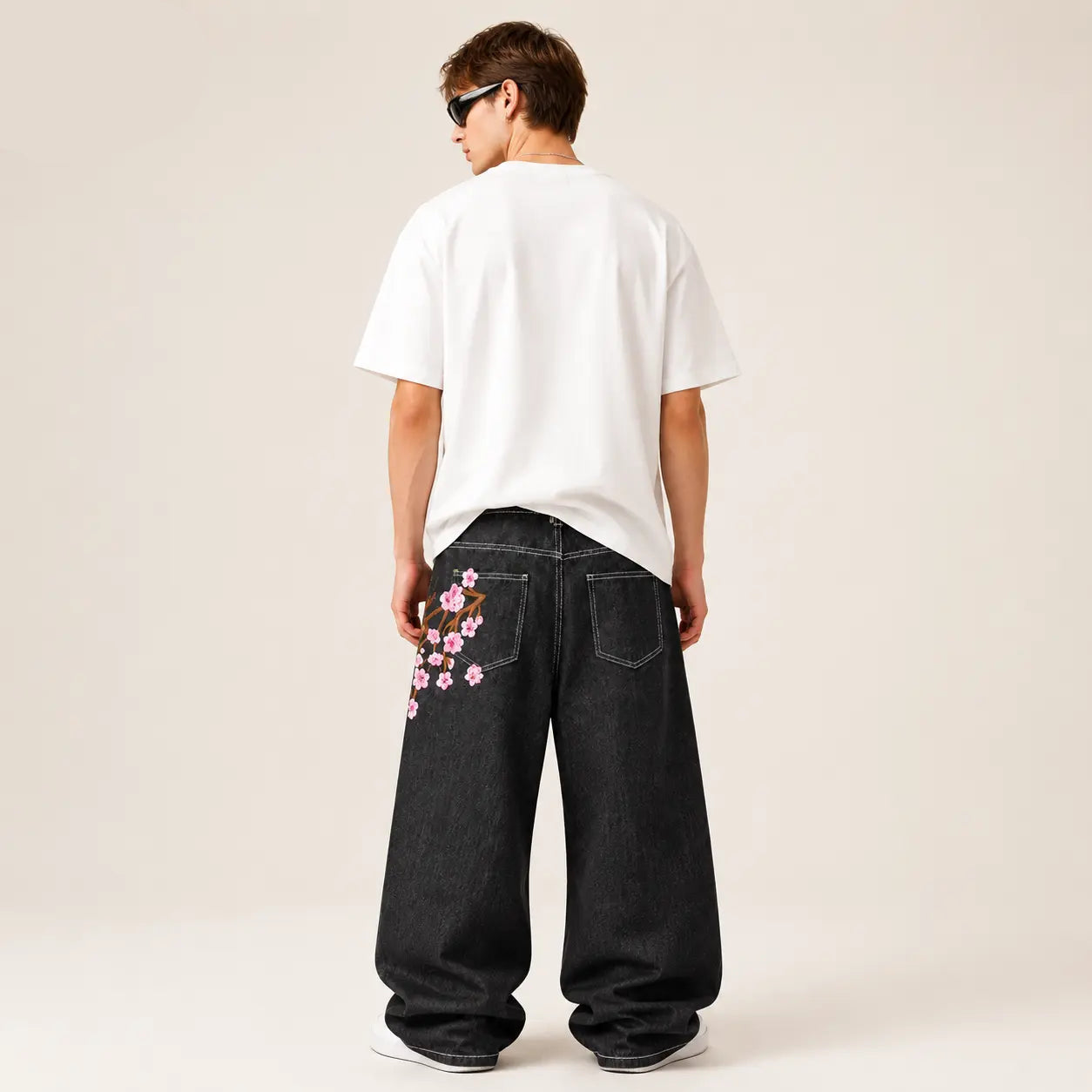 UP.THE Y2K Baggy Jeans Men'S Wide Leg Hip Hop Vintage Floral Embroidered Jeans Classic Quality with Button Detail