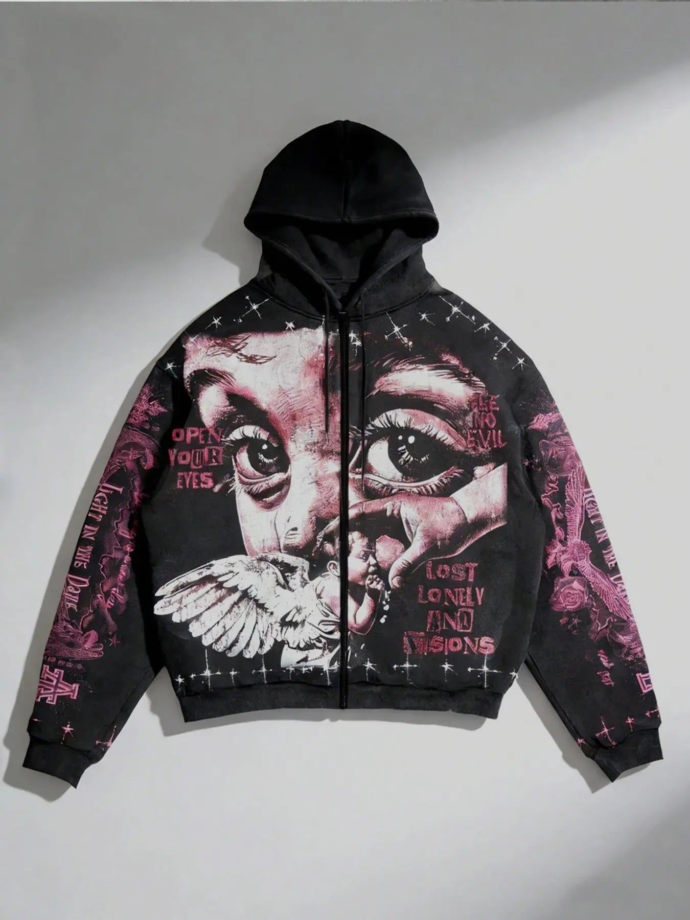 Aesthetic Oversized Full‑Print Zip-Up Hoodie, Vintage Gothic Angel Design, Unisex Heavyweight Streetwear Sweatshirt Jacket, for Autumn & Winter Night Out