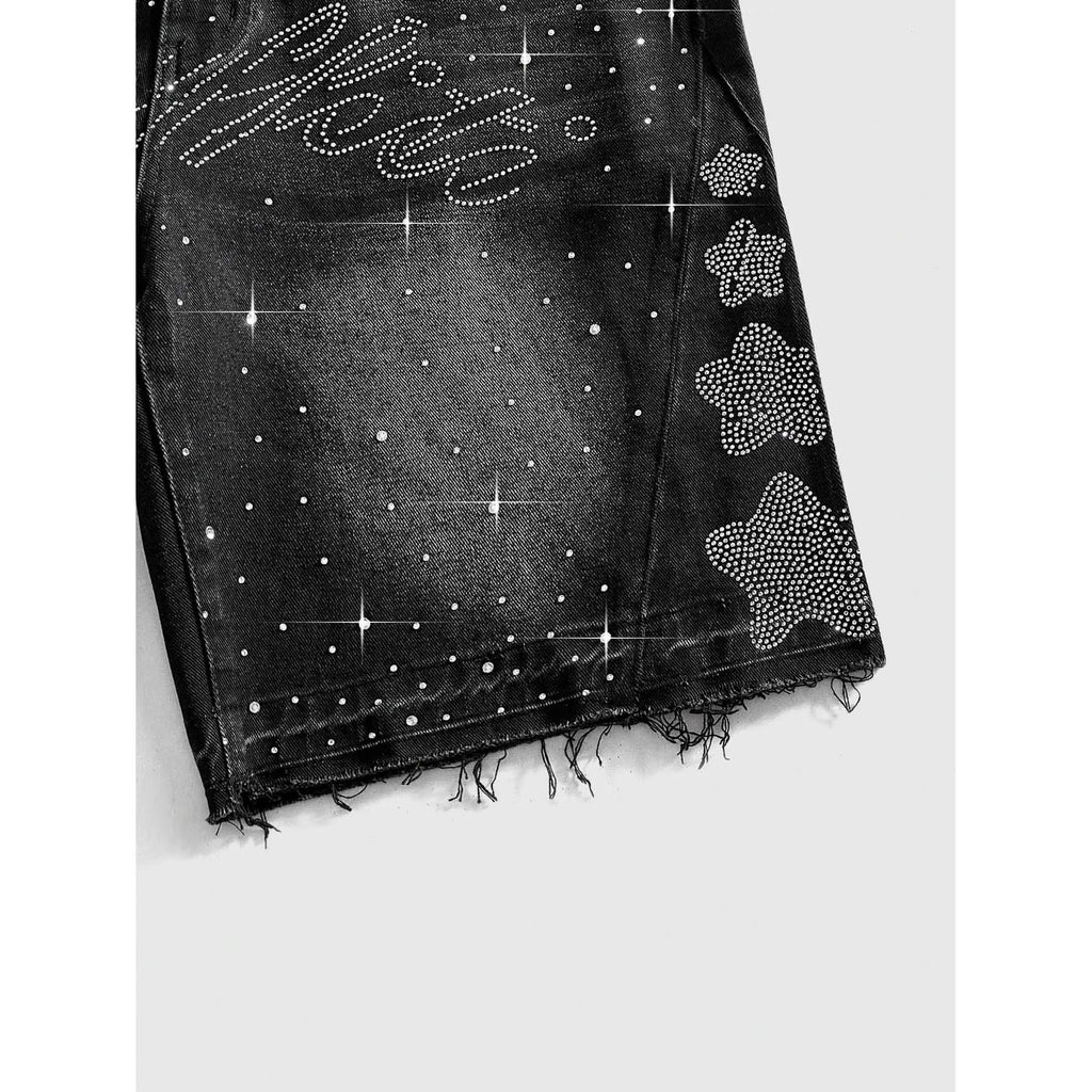 Men'S Black Bedazzled Rhinestone Letter Print Y2K Street Style Denim Shorts Menswear Vintage Washed Raw Hem 5 Point Casual Summer Hip Hop Jorts