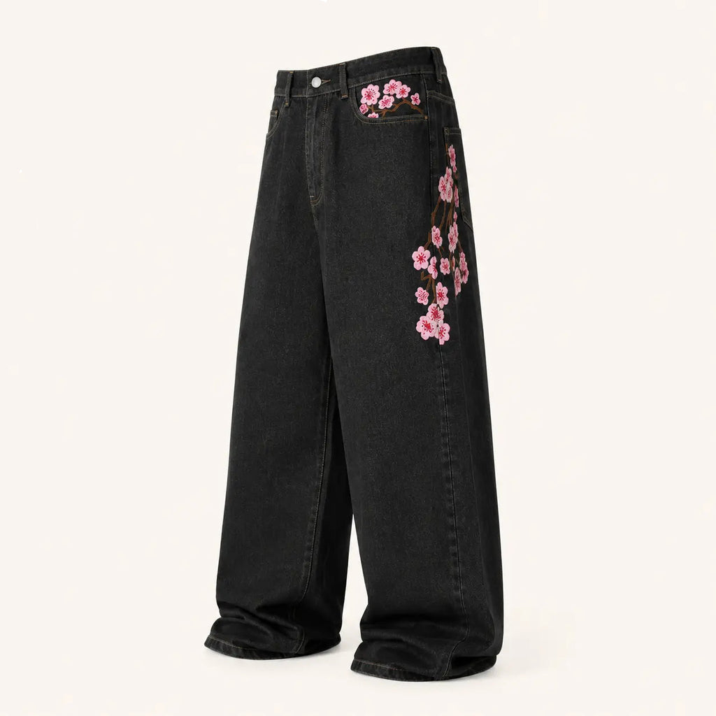 UP.THE Y2K Baggy Jeans Men'S Wide Leg Hip Hop Vintage Floral Embroidered Jeans Classic Quality with Button Detail