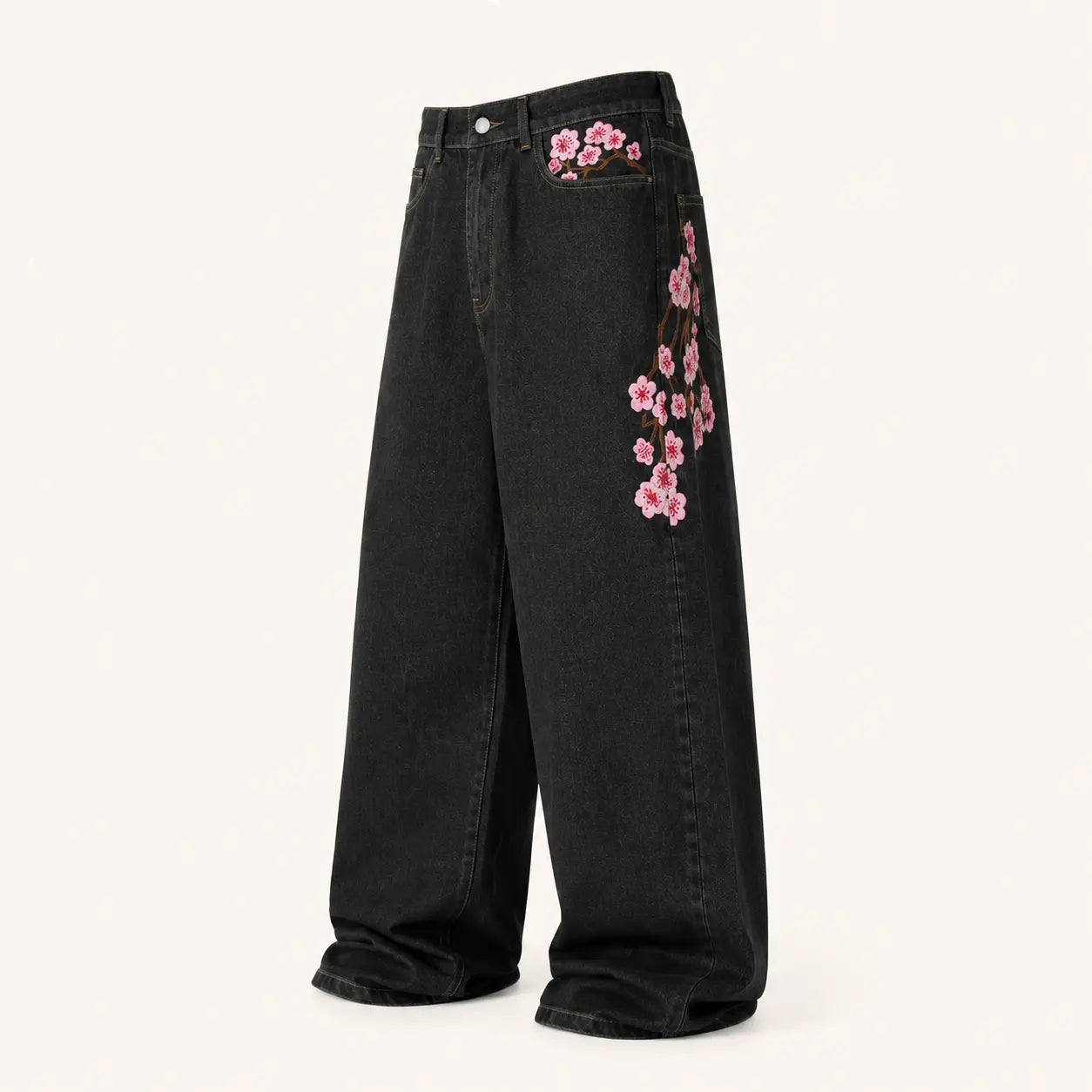 UP.THE Y2K Baggy Jeans Men'S Wide Leg Hip Hop Vintage Floral Embroidered Jeans Classic Quality with Button Detail