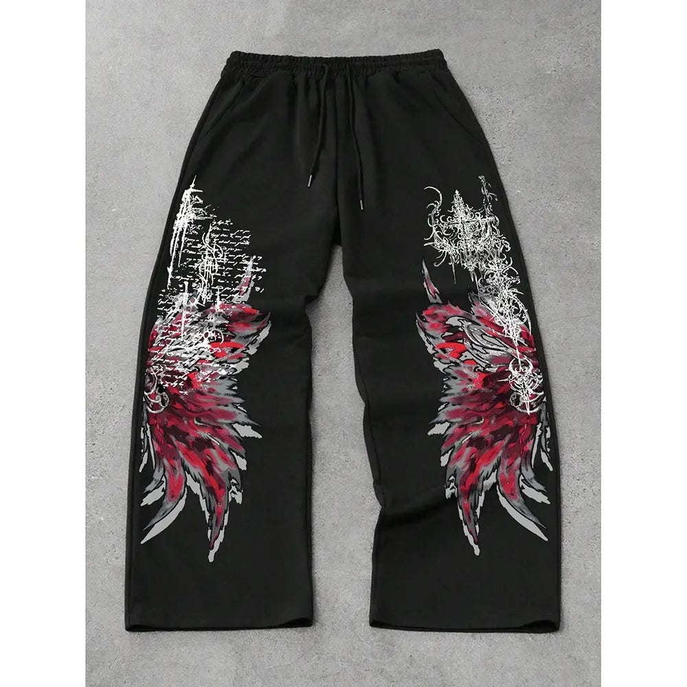 Y2K Gothic Wide Leg Sweatpants with Red Wing Print in Black