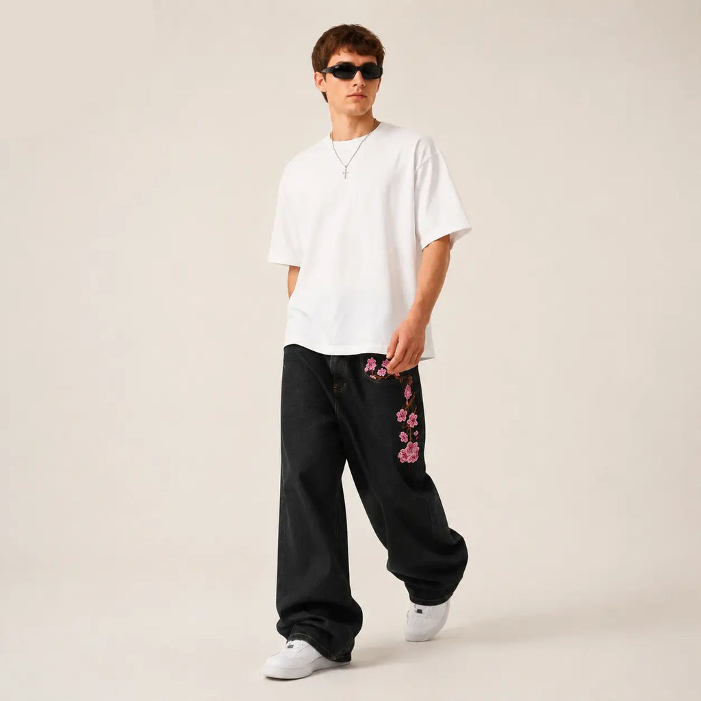 UP.THE Y2K Baggy Jeans Men'S Wide Leg Hip Hop Vintage Floral Embroidered Jeans Classic Quality with Button Detail