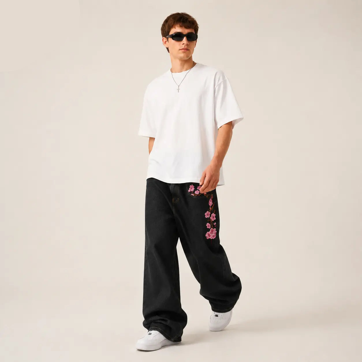 UP.THE Y2K Baggy Jeans Men'S Wide Leg Hip Hop Vintage Floral Embroidered Jeans Classic Quality with Button Detail