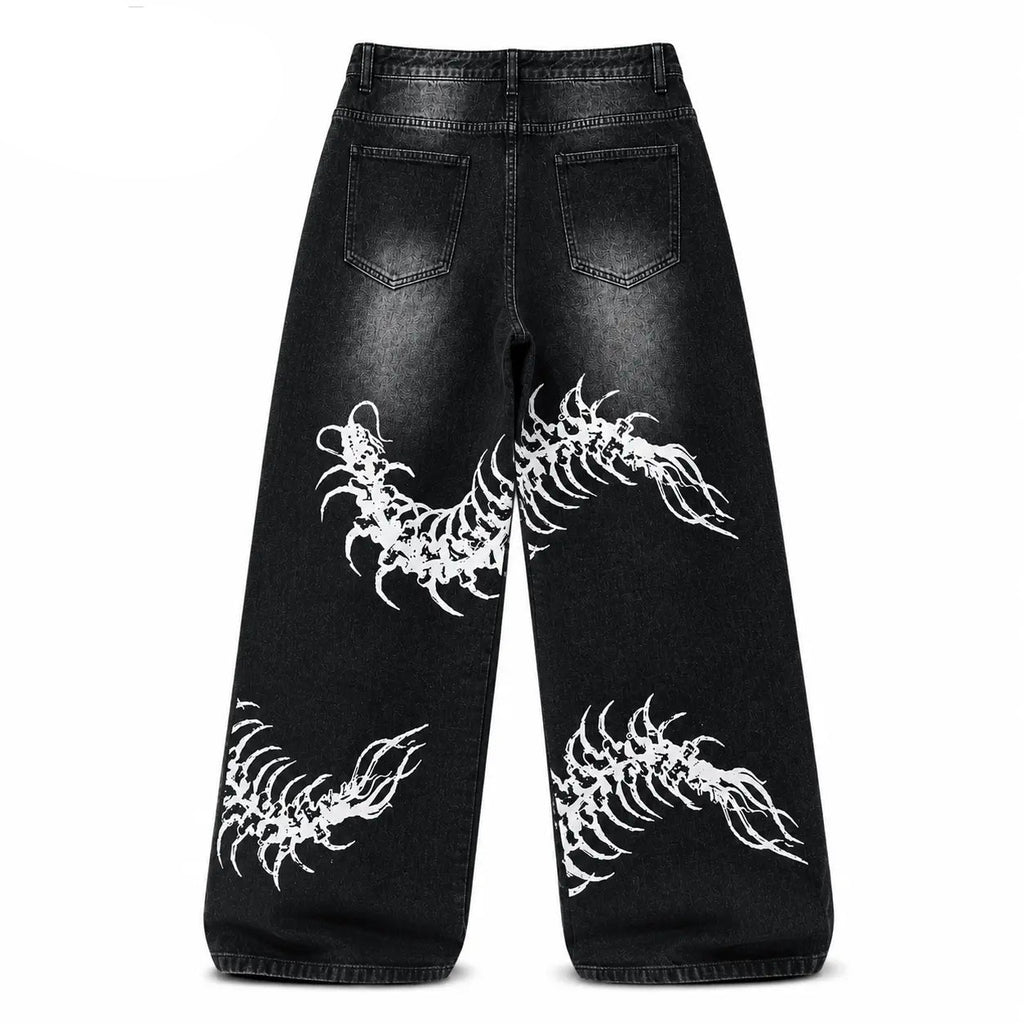 UP.THE Y2K Men'S Black Denim Pants, Loose-Fit Wide-Leg Menswear with Stylish Centipede Graphic, Casual Vibe Hip Hop Classic Baggy Jeans Streetwear