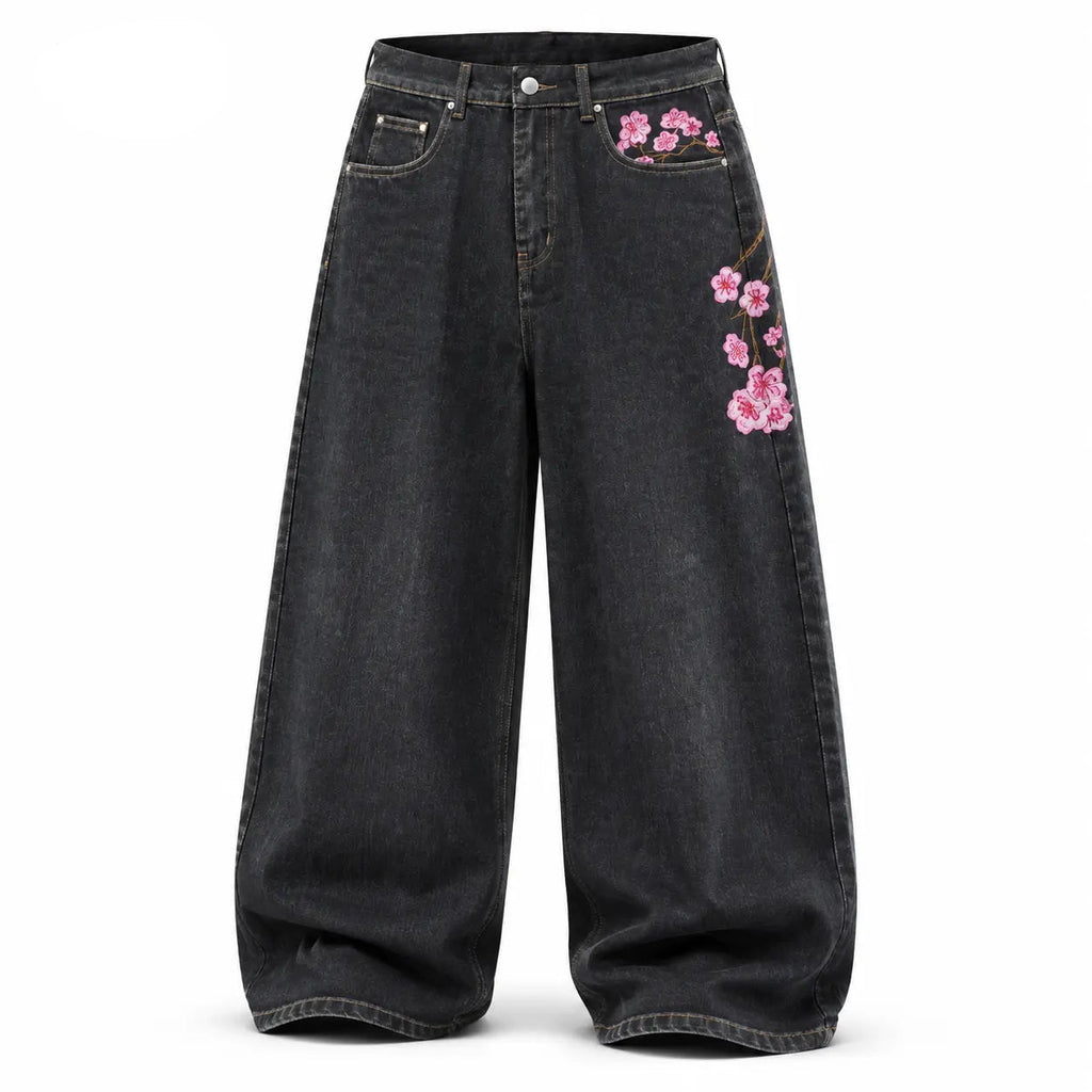 UP.THE Y2K Baggy Jeans Men'S Wide Leg Hip Hop Vintage Floral Embroidered Jeans Classic Quality with Button Detail