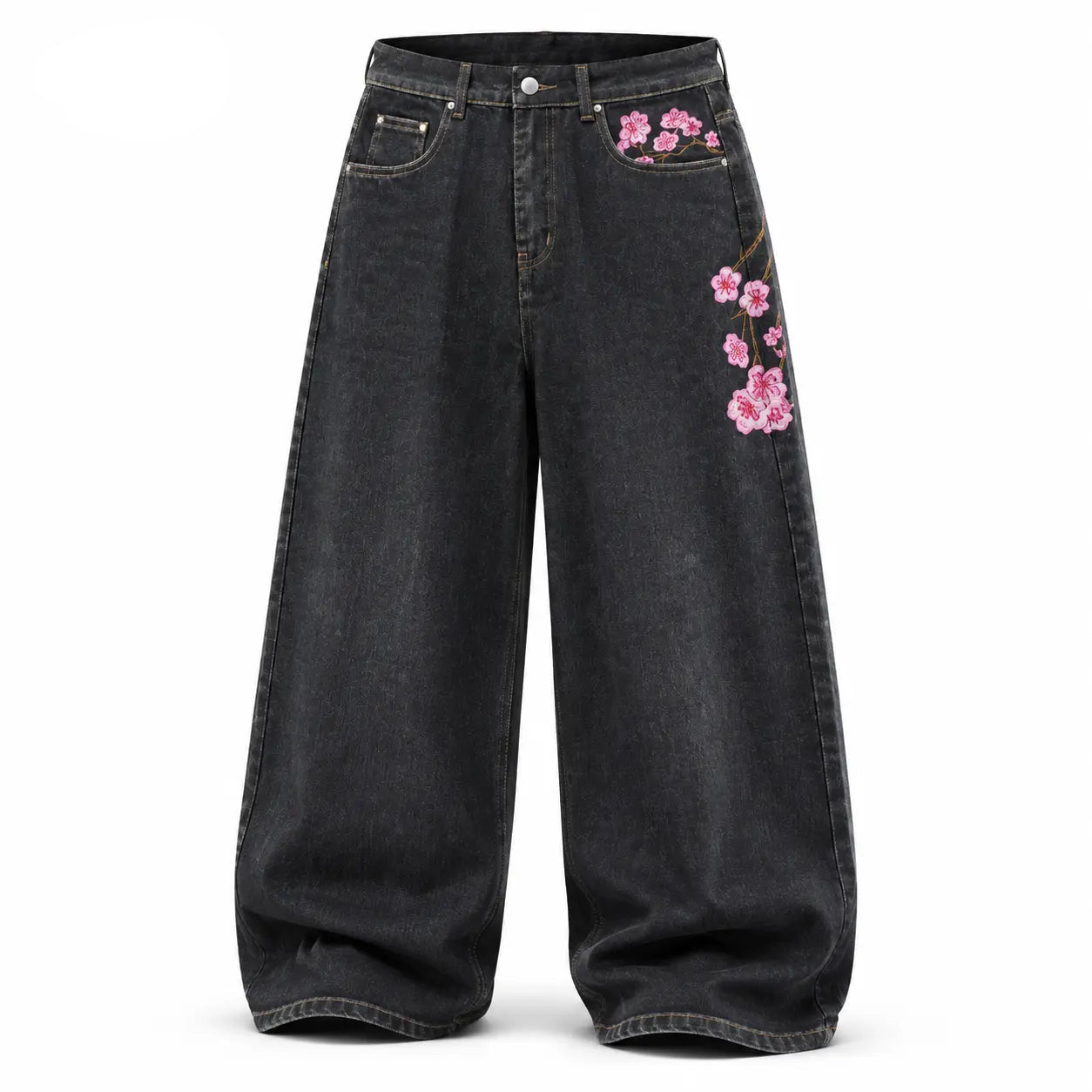 UP.THE Y2K Baggy Jeans Men'S Wide Leg Hip Hop Vintage Floral Embroidered Jeans Classic Quality with Button Detail