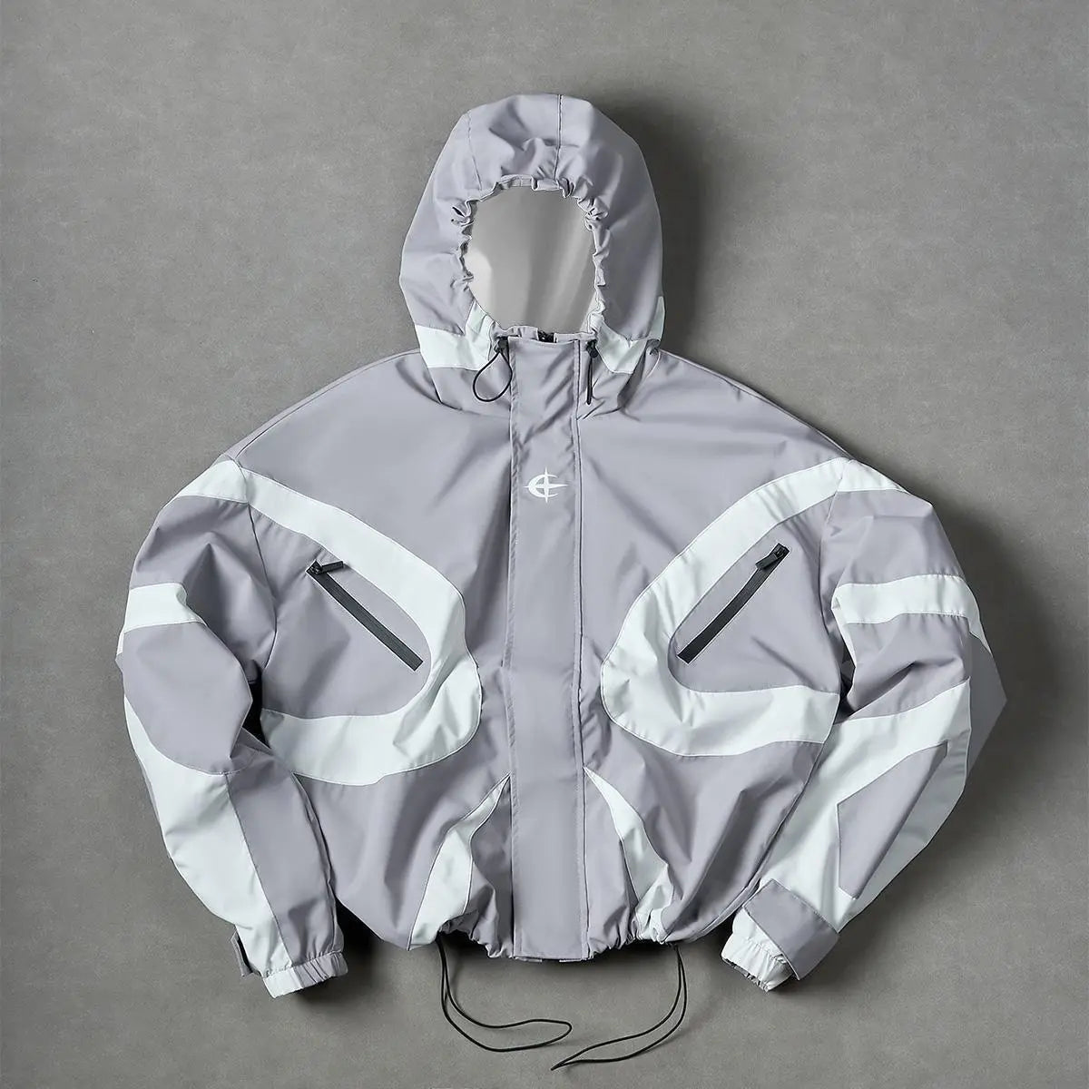 Futuristic Techwear Windbreaker Jacket in Grey and White Aesthetic