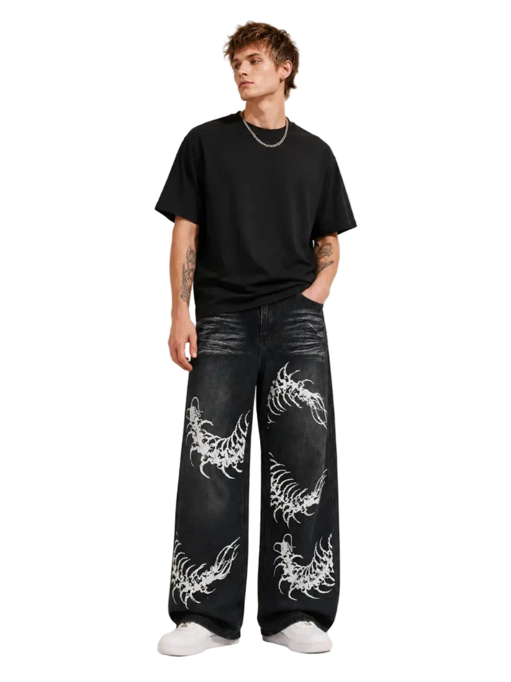 UP.THE Y2K Men'S Black Denim Pants, Loose-Fit Wide-Leg Menswear with Stylish Centipede Graphic, Casual Vibe Hip Hop Classic Baggy Jeans Streetwear