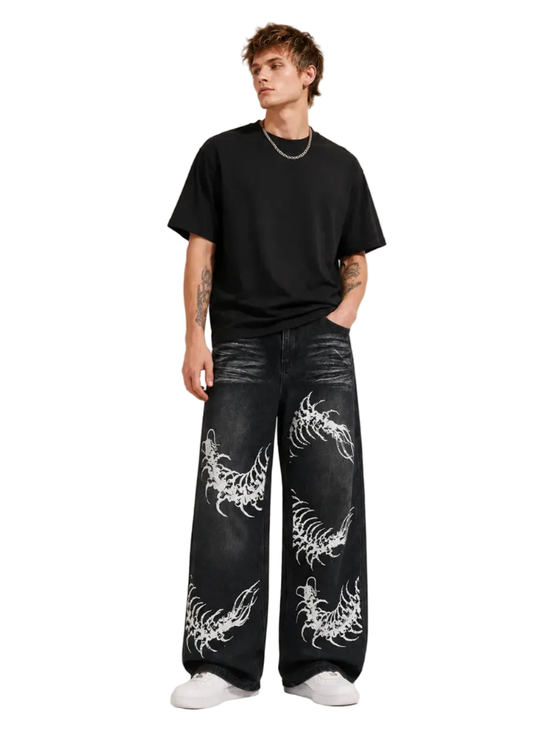 UP.THE Y2K Men'S Black Denim Pants, Loose-Fit Wide-Leg Menswear with Stylish Centipede Graphic, Casual Vibe Hip Hop Classic Baggy Jeans Streetwear