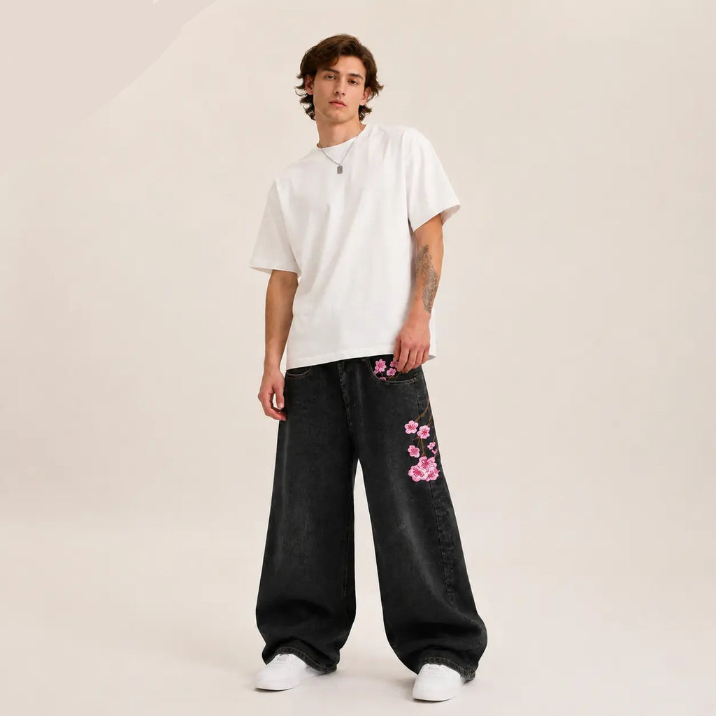 UP.THE Y2K Baggy Jeans Men'S Wide Leg Hip Hop Vintage Floral Embroidered Jeans Classic Quality with Button Detail