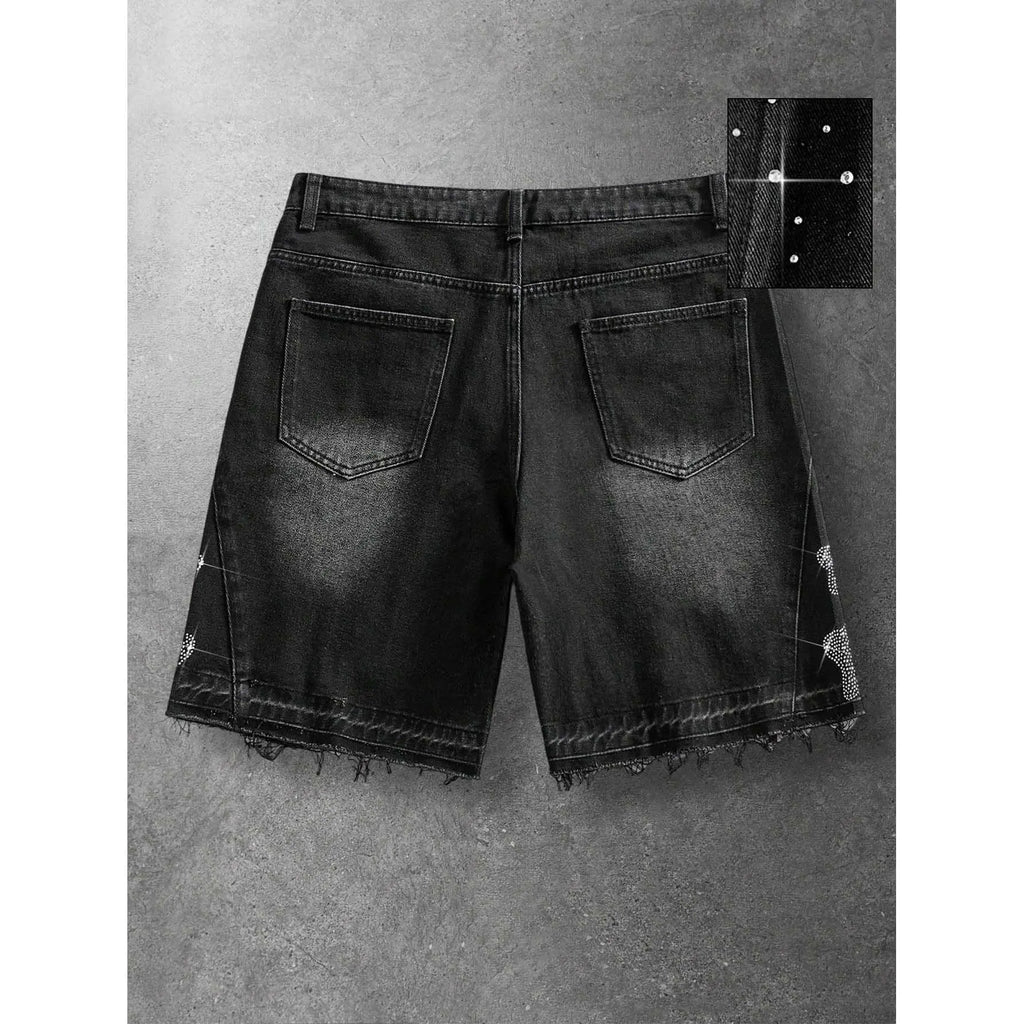 Men'S Black Bedazzled Rhinestone Letter Print Y2K Street Style Denim Shorts Menswear Vintage Washed Raw Hem 5 Point Casual Summer Hip Hop Jorts