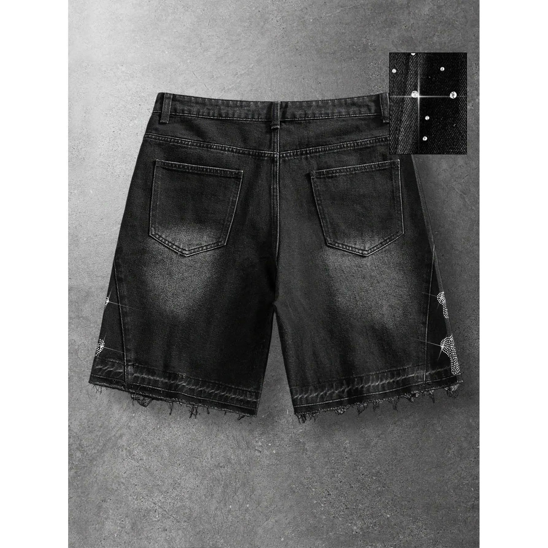 Men'S Black Bedazzled Rhinestone Letter Print Y2K Street Style Denim Shorts Menswear Vintage Washed Raw Hem 5 Point Casual Summer Hip Hop Jorts