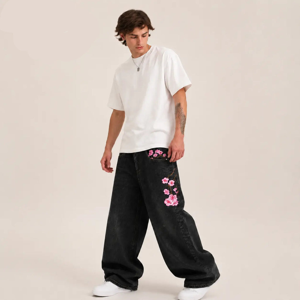 UP.THE Y2K Baggy Jeans Men'S Wide Leg Hip Hop Vintage Floral Embroidered Jeans Classic Quality with Button Detail