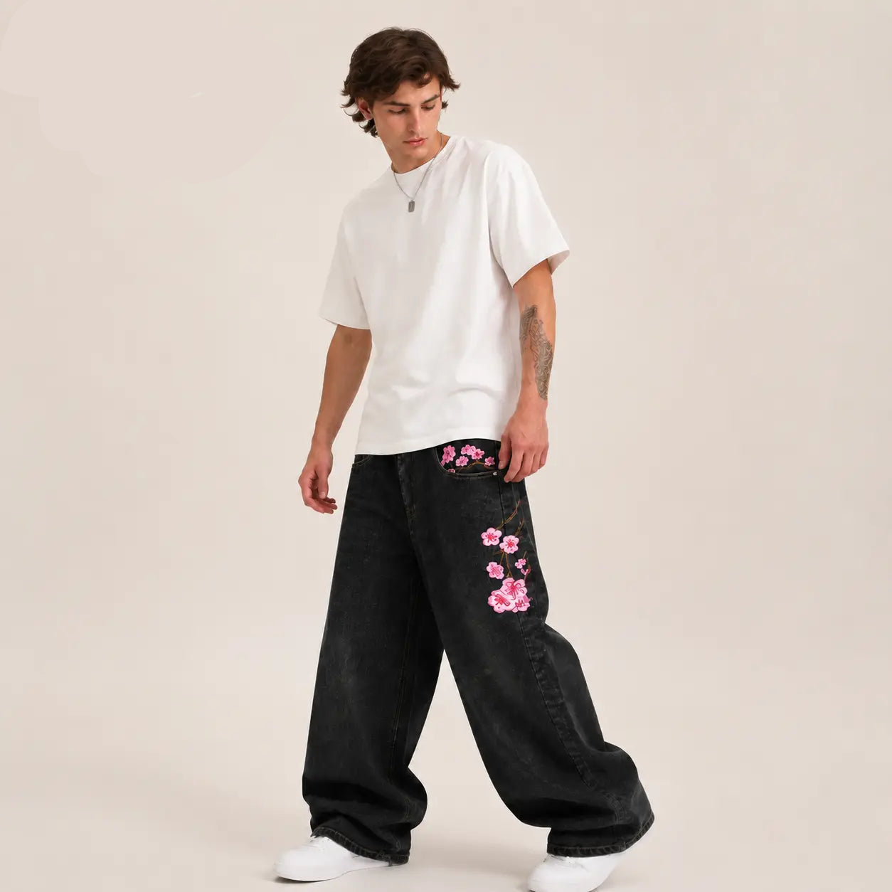 UP.THE Y2K Baggy Jeans Men'S Wide Leg Hip Hop Vintage Floral Embroidered Jeans Classic Quality with Button Detail