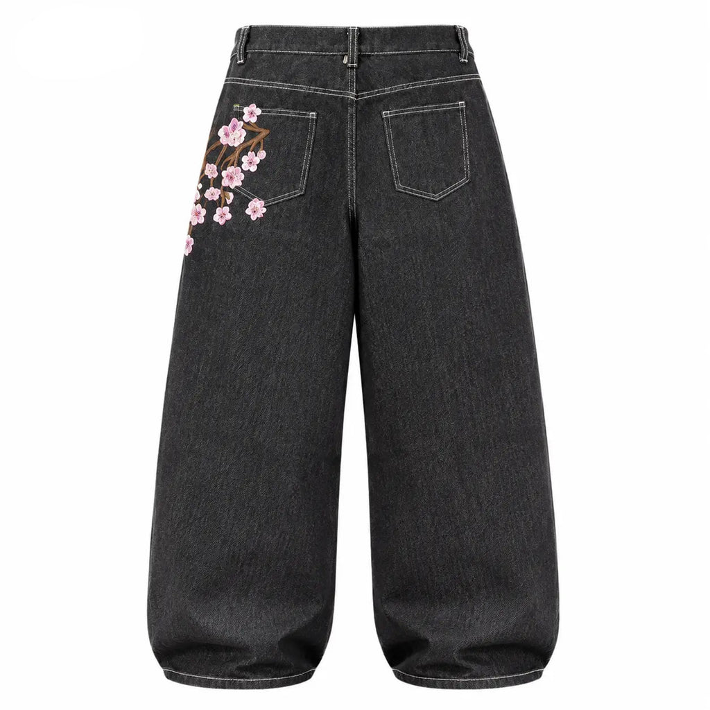 UP.THE Y2K Baggy Jeans Men'S Wide Leg Hip Hop Vintage Floral Embroidered Jeans Classic Quality with Button Detail