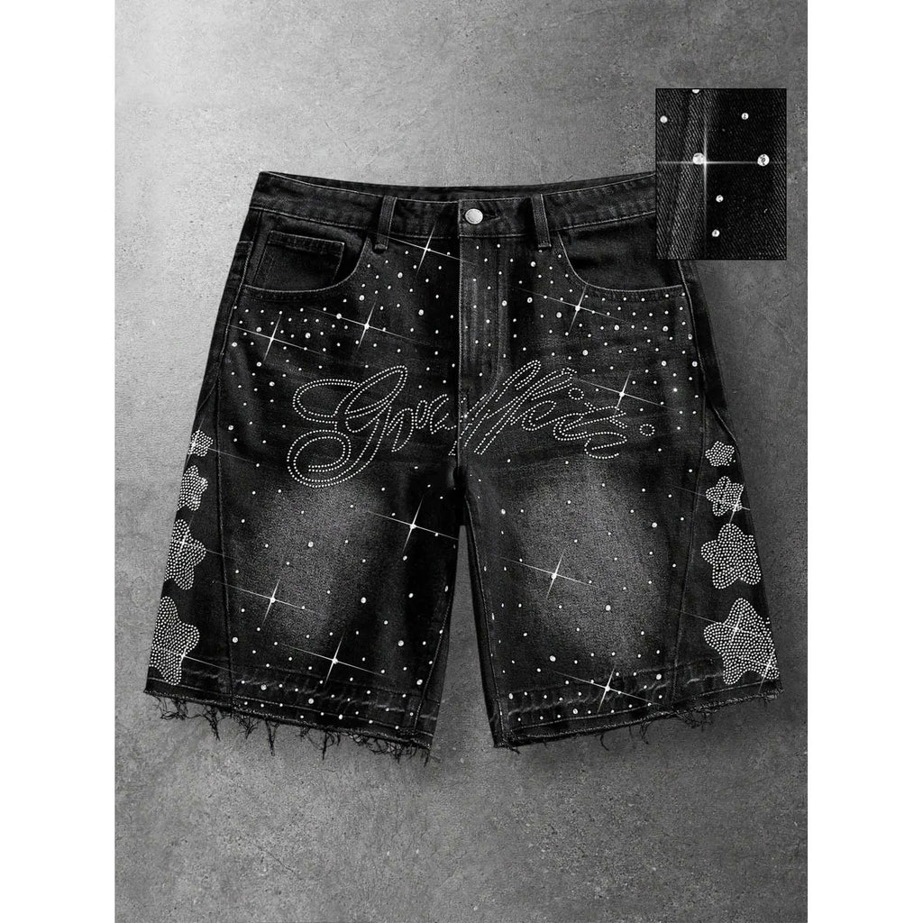 Men'S Black Bedazzled Rhinestone Letter Print Y2K Street Style Denim Shorts Menswear Vintage Washed Raw Hem 5 Point Casual Summer Hip Hop Jorts