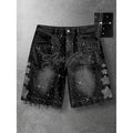 Men'S Black Bedazzled Rhinestone Letter Print Y2K Street Style Denim Shorts Menswear Vintage Washed Raw Hem 5 Point Casual Summer Hip Hop Jorts
