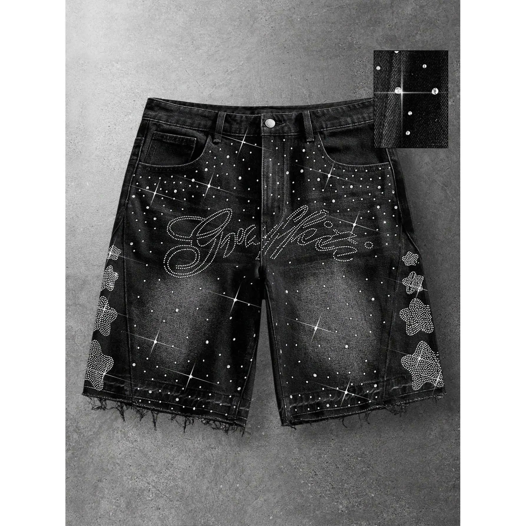 Men'S Black Bedazzled Rhinestone Letter Print Y2K Street Style Denim Shorts Menswear Vintage Washed Raw Hem 5 Point Casual Summer Hip Hop Jorts