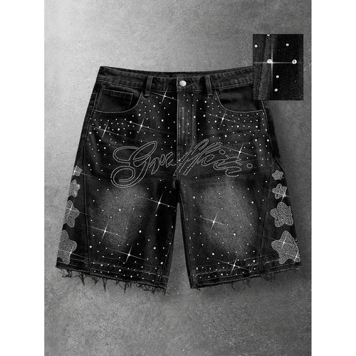 Men'S Black Bedazzled Rhinestone Letter Print Y2K Street Style Denim Shorts Menswear Vintage Washed Raw Hem 5 Point Casual Summer Hip Hop Jorts
