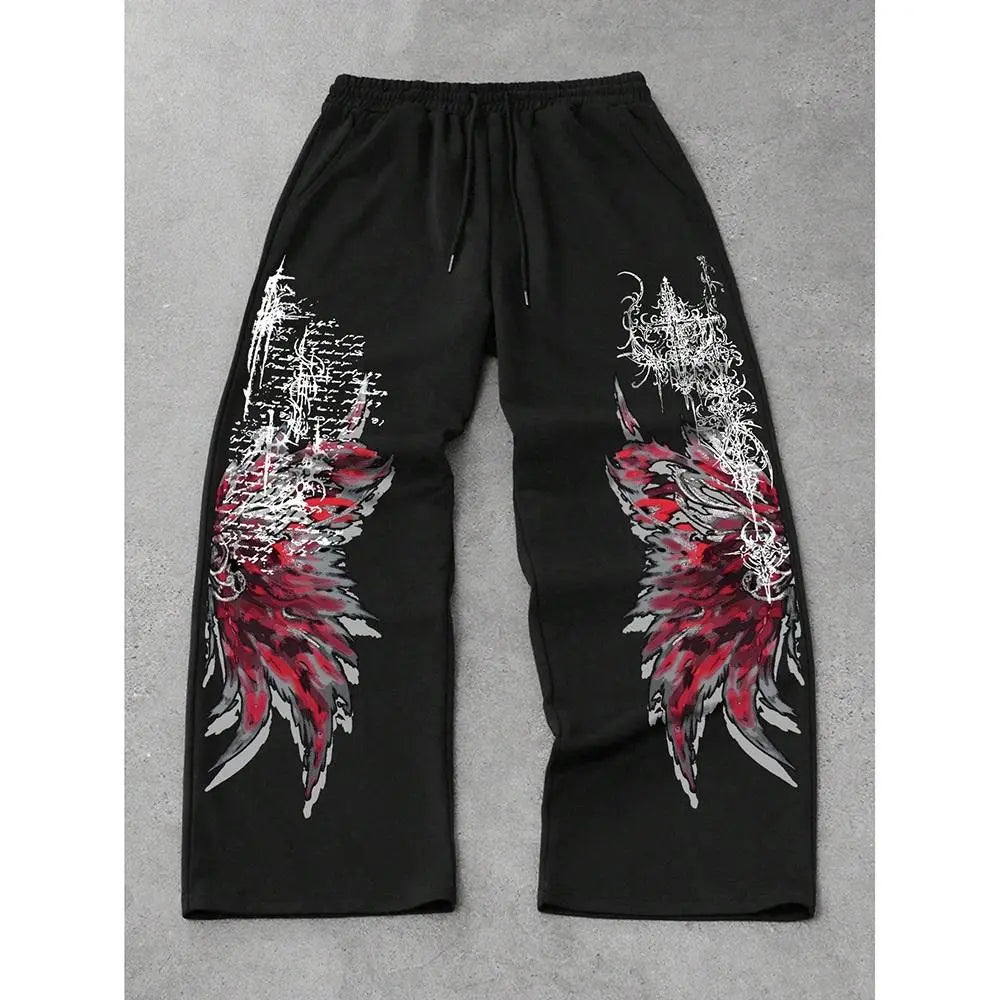 Y2K Gothic Wide Leg Sweatpants with Red Wing Print in Black