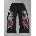 Y2K Gothic Wide Leg Sweatpants with Red Wing Print in Black