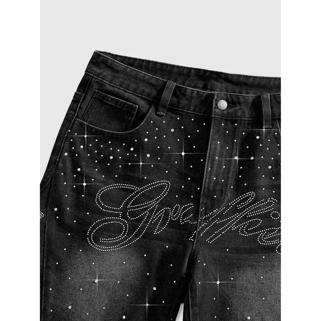 Men'S Black Bedazzled Rhinestone Letter Print Y2K Street Style Denim Shorts Menswear Vintage Washed Raw Hem 5 Point Casual Summer Hip Hop Jorts
