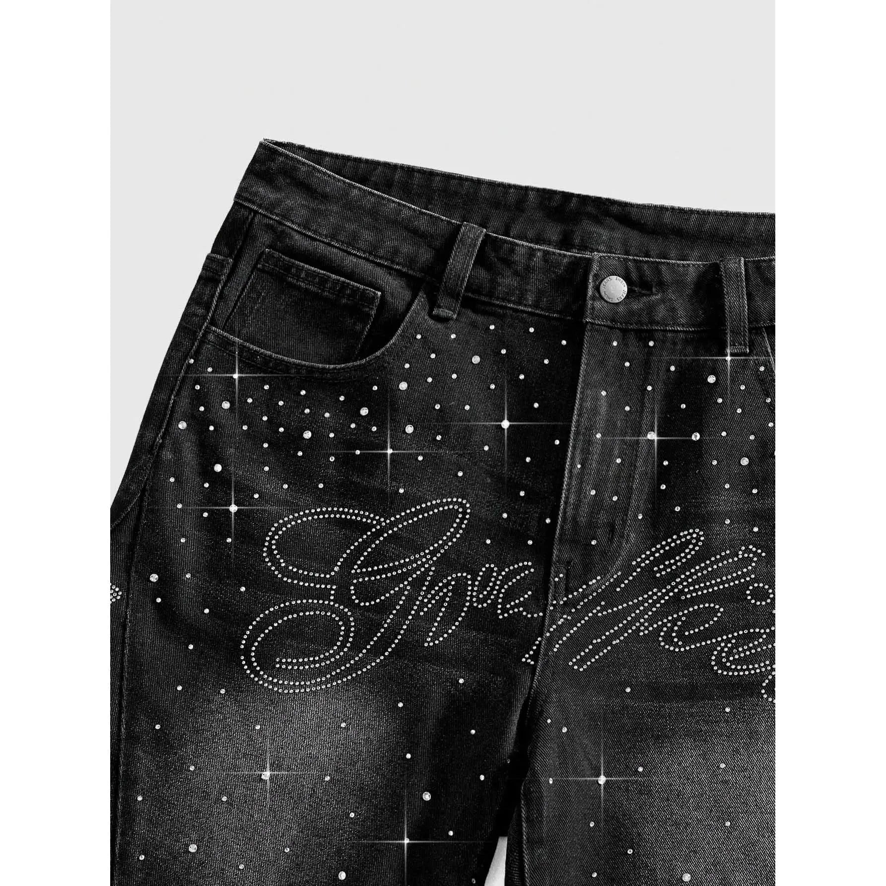 Men'S Black Bedazzled Rhinestone Letter Print Y2K Street Style Denim Shorts Menswear Vintage Washed Raw Hem 5 Point Casual Summer Hip Hop Jorts