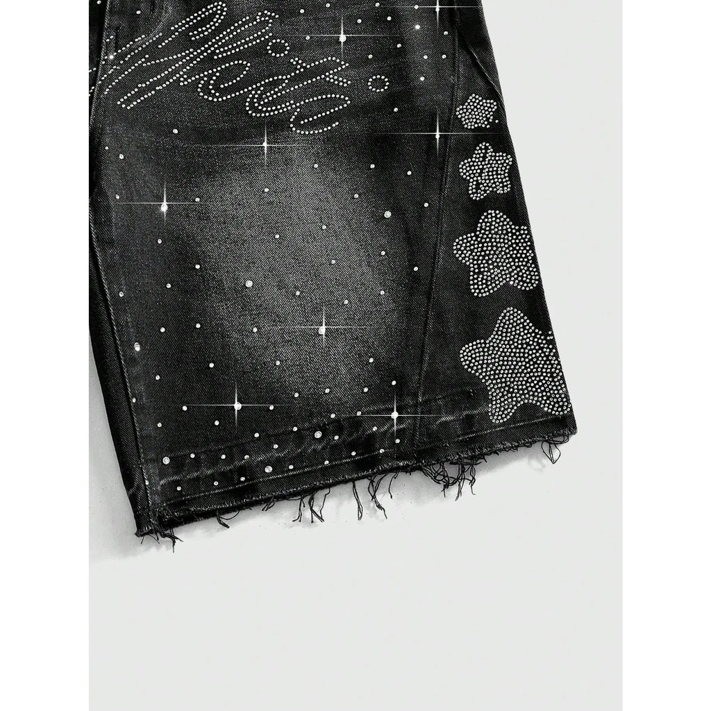 Men'S Black Bedazzled Rhinestone Letter Print Y2K Street Style Denim Shorts Menswear Vintage Washed Raw Hem 5 Point Casual Summer Hip Hop Jorts