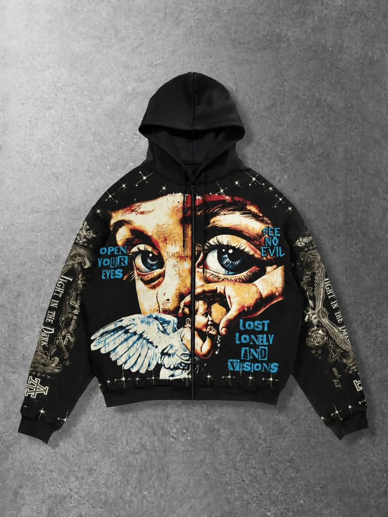 Aesthetic Oversized Full‑Print Zip-Up Hoodie, Vintage Gothic Angel Design, Unisex Heavyweight Streetwear Sweatshirt Jacket, for Autumn & Winter Night Out