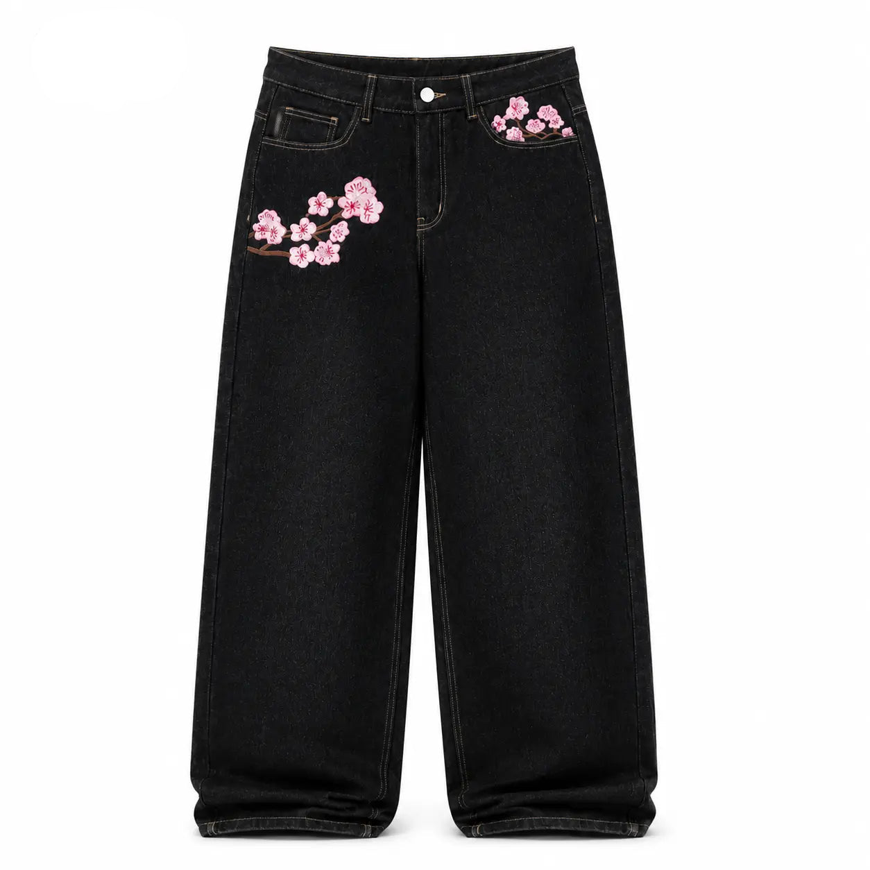 UP.THE Y2K Baggy Jeans Men'S Wide Leg Hip Hop Vintage Floral Embroidered Jeans Classic Quality with Button Detail