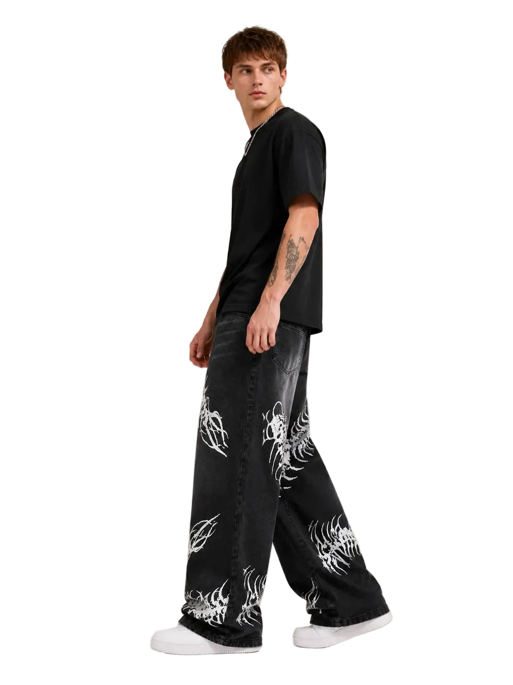 UP.THE Y2K Men'S Black Denim Pants, Loose-Fit Wide-Leg Menswear with Stylish Centipede Graphic, Casual Vibe Hip Hop Classic Baggy Jeans Streetwear