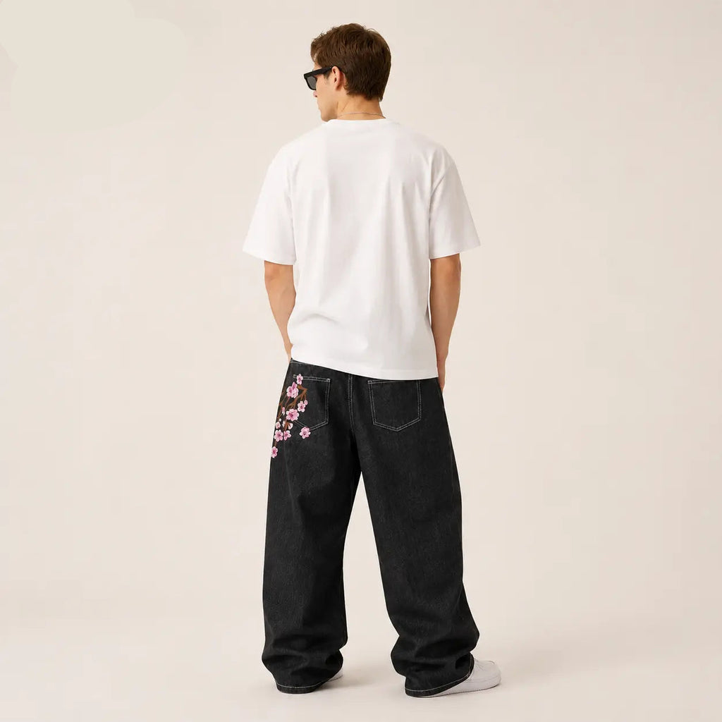 UP.THE Y2K Baggy Jeans Men'S Wide Leg Hip Hop Vintage Floral Embroidered Jeans Classic Quality with Button Detail