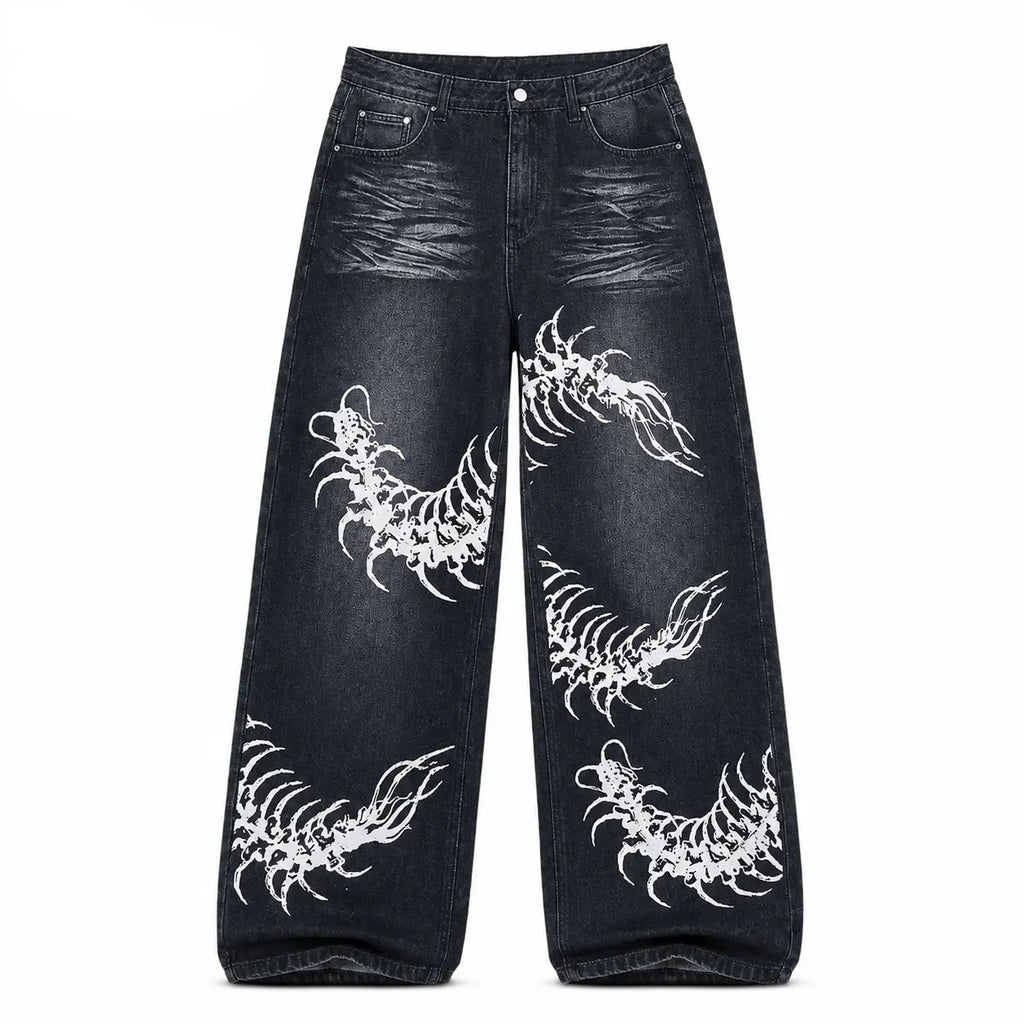 UP.THE Y2K Men'S Black Denim Pants, Loose-Fit Wide-Leg Menswear with Stylish Centipede Graphic, Casual Vibe Hip Hop Classic Baggy Jeans Streetwear