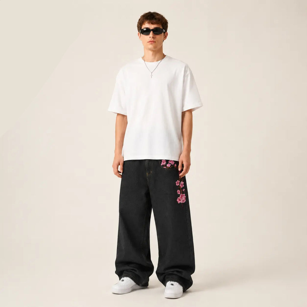 UP.THE Y2K Baggy Jeans Men'S Wide Leg Hip Hop Vintage Floral Embroidered Jeans Classic Quality with Button Detail