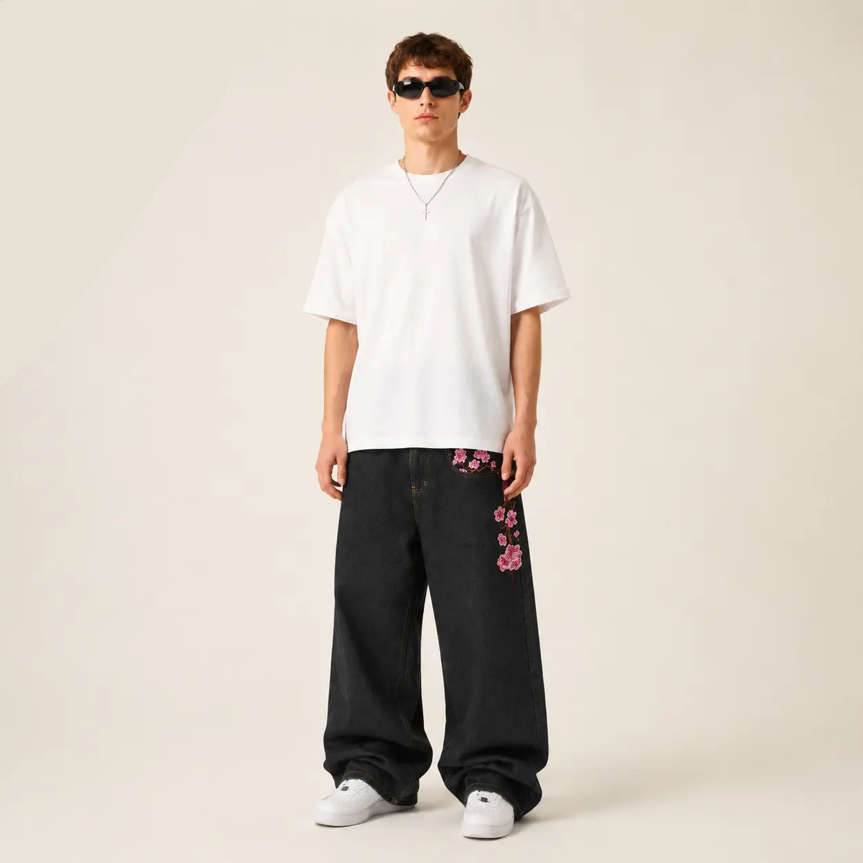UP.THE Y2K Baggy Jeans Men'S Wide Leg Hip Hop Vintage Floral Embroidered Jeans Classic Quality with Button Detail