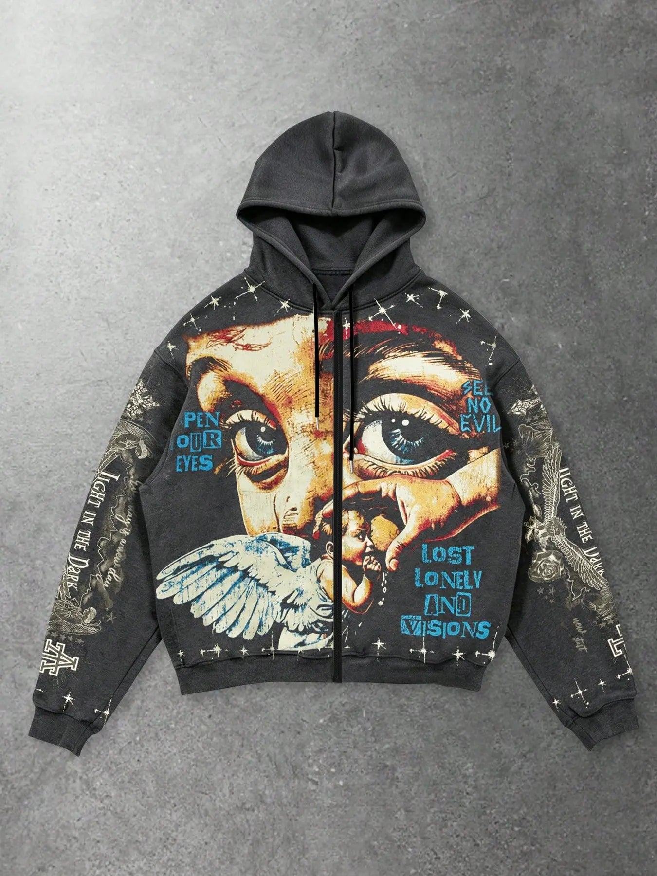 Aesthetic Oversized Full‑Print Zip-Up Hoodie, Vintage Gothic Angel Design, Unisex Heavyweight Streetwear Sweatshirt Jacket, for Autumn & Winter Night Out