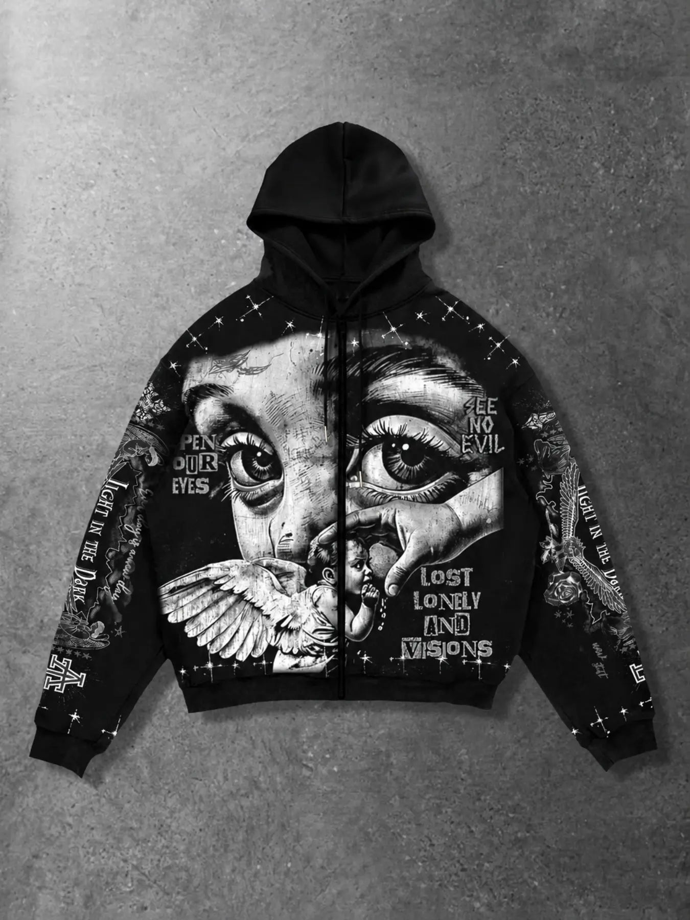 Aesthetic Oversized Full‑Print Zip-Up Hoodie, Vintage Gothic Angel Design, Unisex Heavyweight Streetwear Sweatshirt Jacket, for Autumn & Winter Night Out