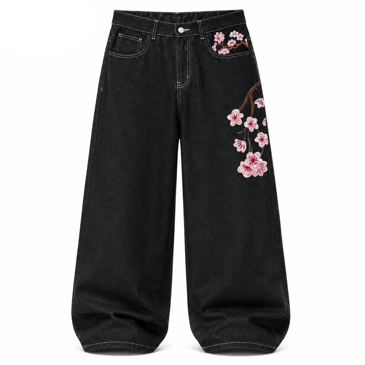 UP.THE Y2K Baggy Jeans Men'S Wide Leg Hip Hop Vintage Floral Embroidered Jeans Classic Quality with Button Detail